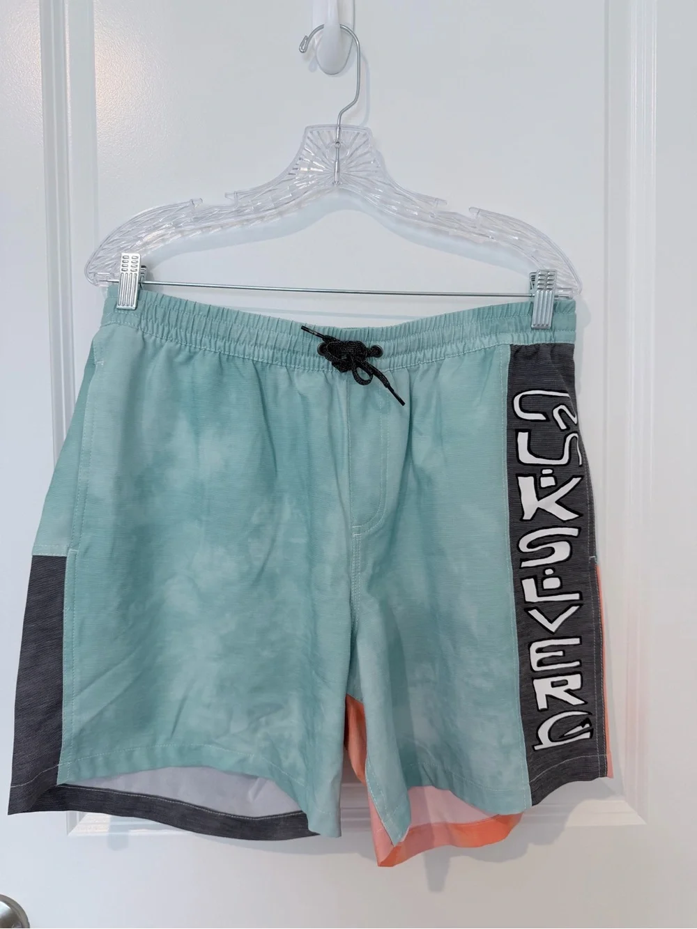 Quiksilver Seafoam Green Panel Swim Shorts with Gray and Coral Accents